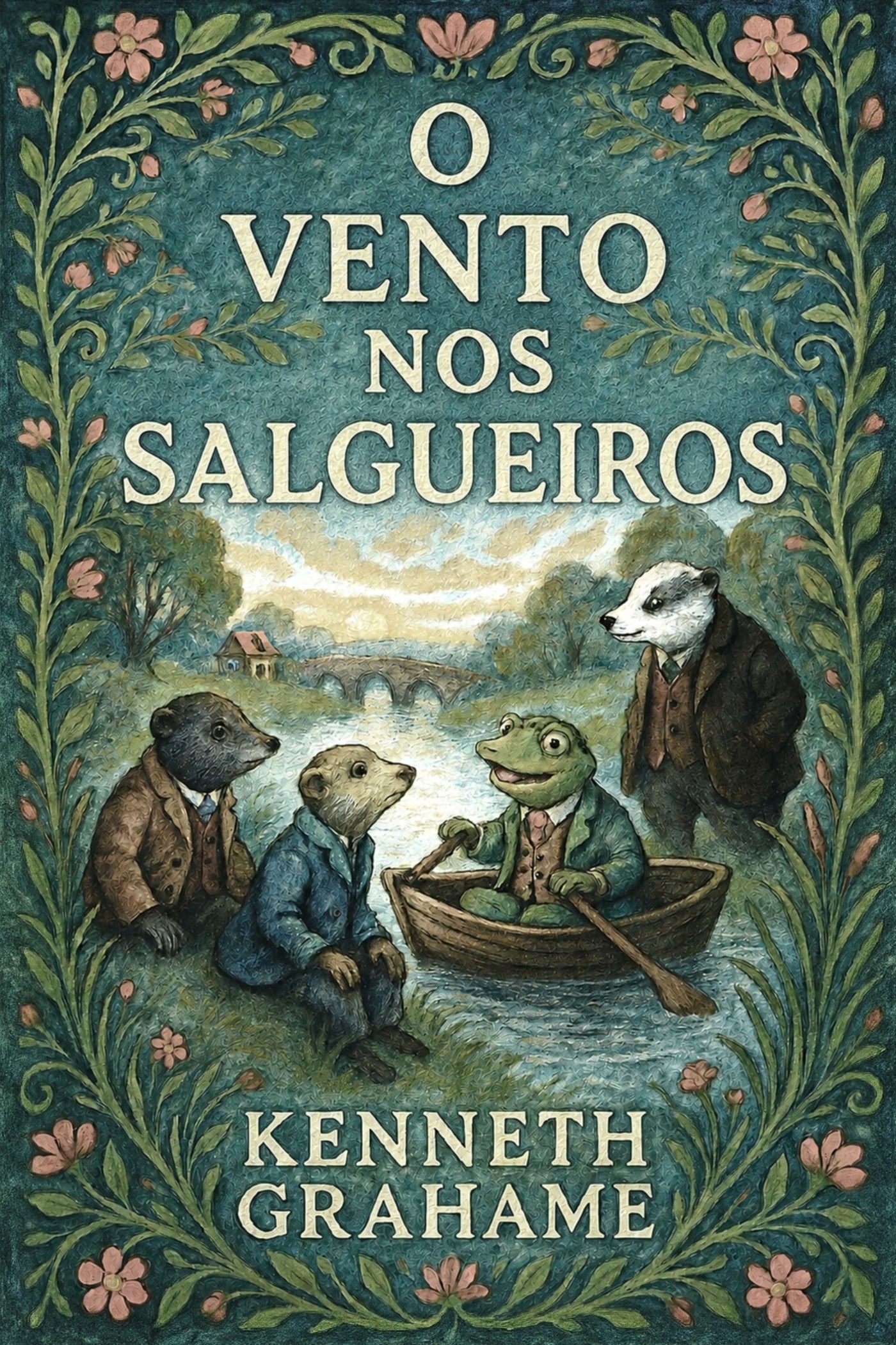 Book cover of 'O vento nos salgueiros' with animated animal characters in a boat.