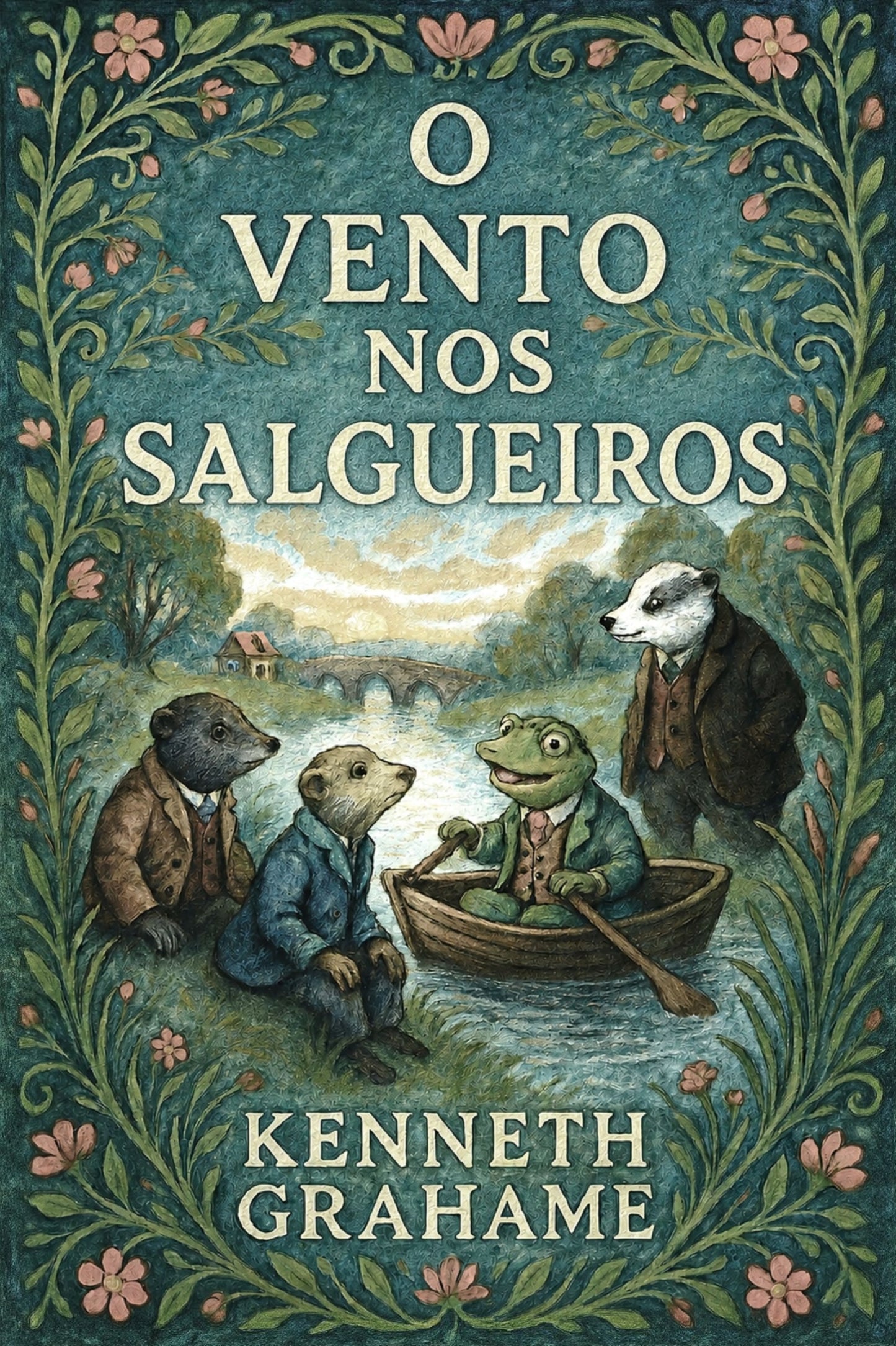 Book cover of 'O vento nos salgueiros' with animated animal characters in a boat.