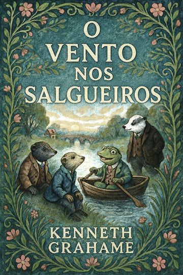 Book cover of 'O vento nos salgueiros' with animated animal characters in a boat.