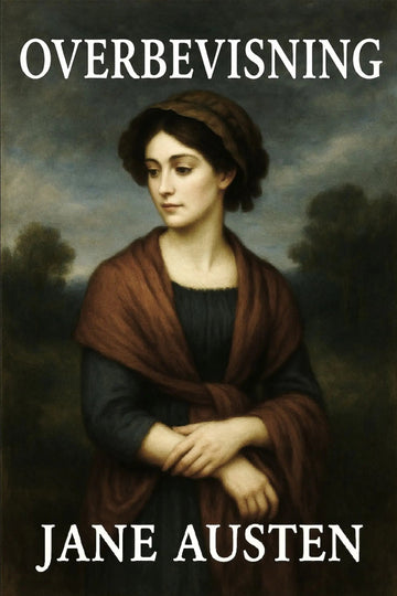 Book cover of 'Overbevisning' by Jane Austen with a portrait of a woman in a brown shawl against a cloudy sky.