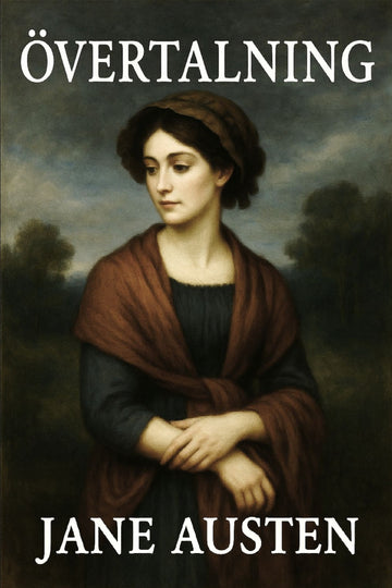 Book cover of 'Övertalning' by Jane Austen featuring a woman in a brown shawl against a cloudy sky.