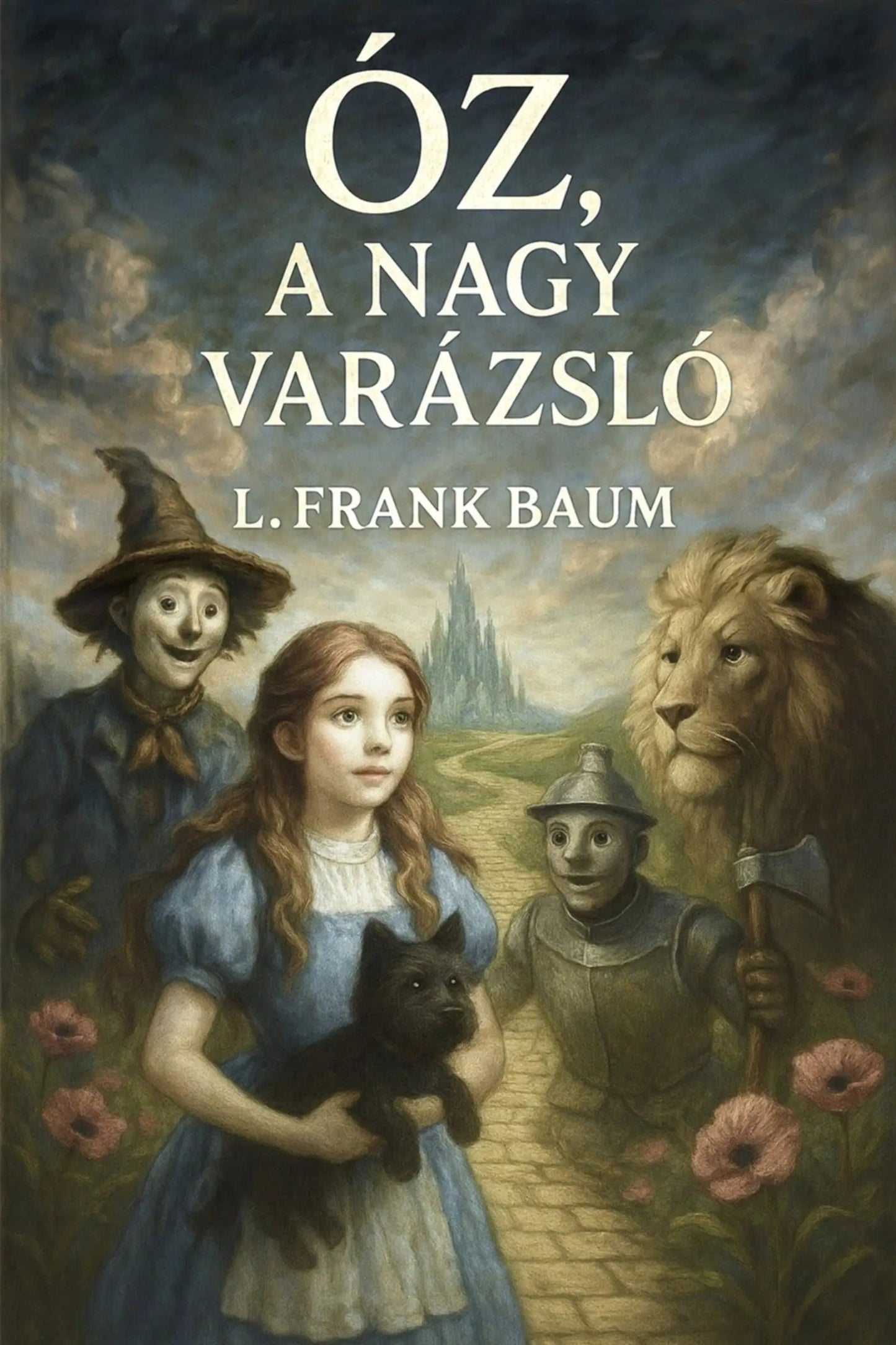 Book cover for 'Óz, a nagy varázsló' by L. Frank Baum, featuring an illustrated scene with Dorothy, the Scarecrow, Tin Man, Cowardly Lion, and a black cat on a stone path under a cloudy sky.
