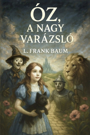 Book cover for 'Óz, a nagy varázsló' by L. Frank Baum, featuring an illustrated scene with Dorothy, the Scarecrow, Tin Man, Cowardly Lion, and a black cat on a stone path under a cloudy sky.