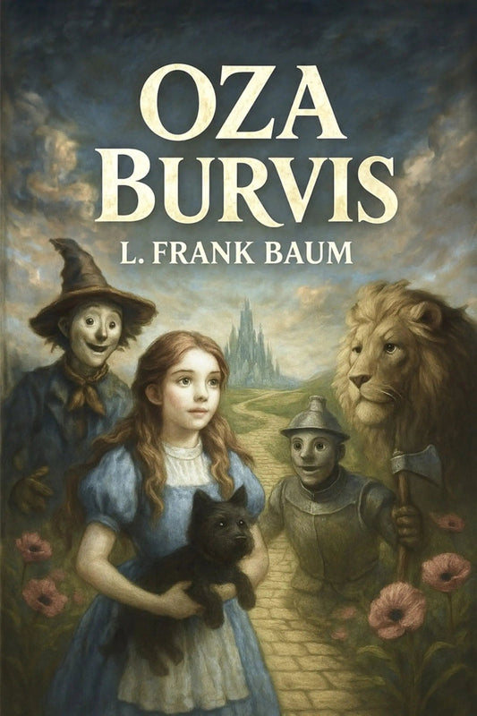 Book cover for 'Oza burvis' by L. Frank Baum, featuring an illustrated scene with a girl in a blue dress holding a black cat, a scarecrow, a lion, and a metal toy soldier on a stone path under a cloudy sky.