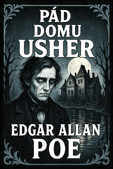 Book cover for 'Pád domu Usher' by Edgar Allan Poe, featuring a dark gothic illustration of a man's portrait in the foreground and a haunted house under a full moon in the background.