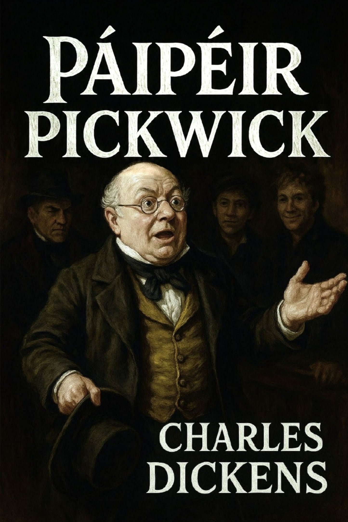 Book cover of 'Páipéir Pickwick' by Charles Dickens with a dark background and central figure.