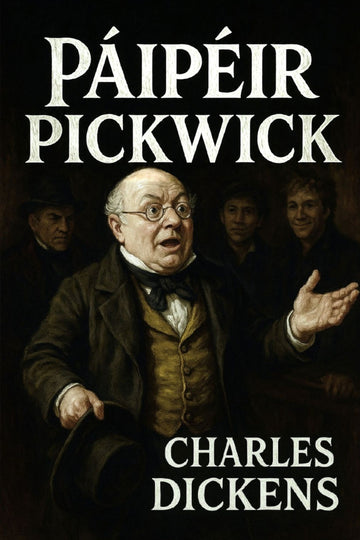 Book cover of 'Páipéir Pickwick' by Charles Dickens with a dark background and central figure.