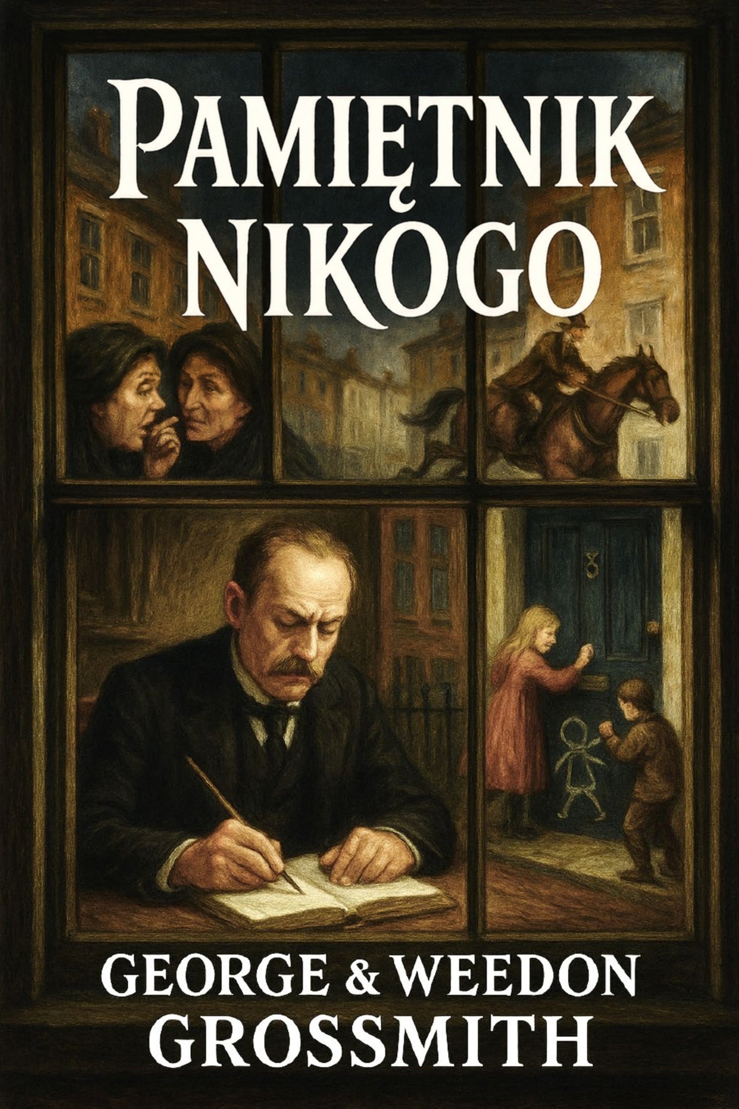 Book cover of 'Pamiętnik nikogo' by George & Weedon Grossmith with a collage of scenes.