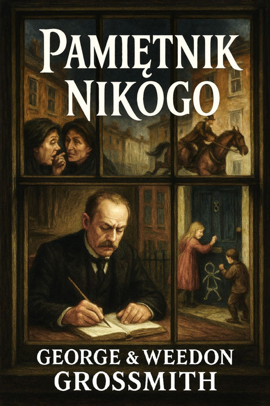 Book cover of 'Pamiętnik nikogo' by George & Weedon Grossmith with a collage of scenes.