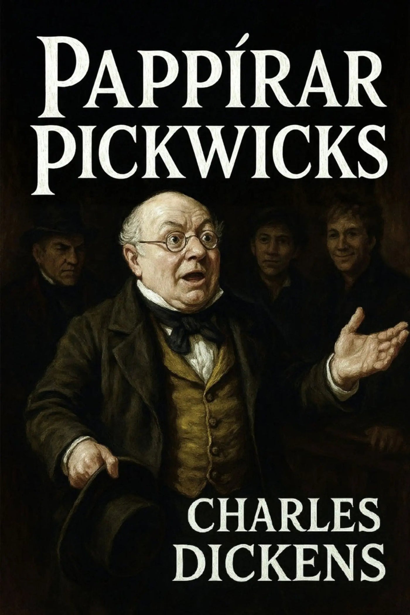 Book cover for 'Pappírar Pickwicks' by Charles Dickens, featuring a dark classical painting of Dickens gesturing with his hand, with the title and author name in large white text.