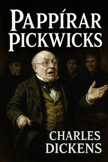 Book cover for 'Pappírar Pickwicks' by Charles Dickens, featuring a dark classical painting of Dickens gesturing with his hand, with the title and author name in large white text.