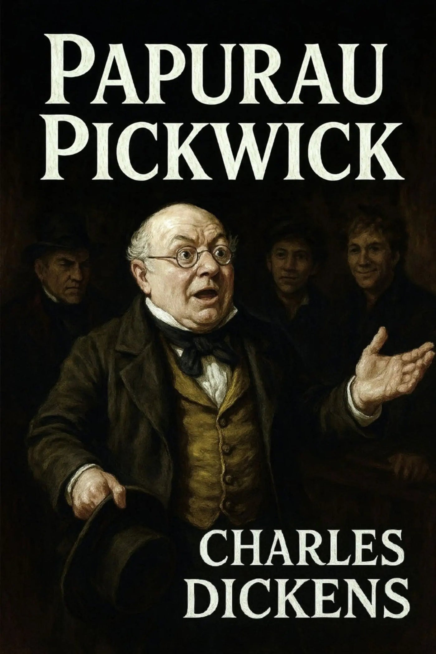 Book cover for 'Papurau Pickwick' by Charles Dickens, featuring a classical painting of Charles Dickens in a brown coat and vest, with other figures in the background and white title and author text.