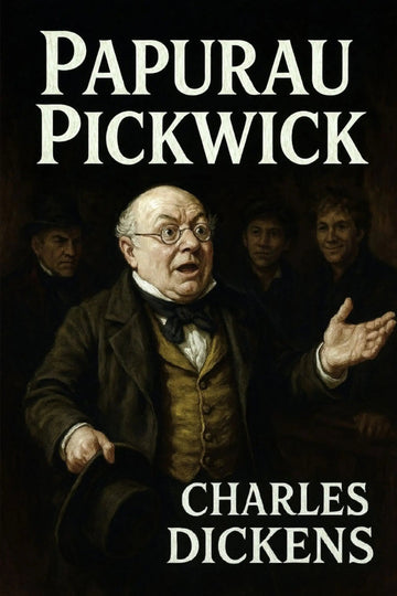 Book cover for 'Papurau Pickwick' by Charles Dickens, featuring a classical painting of Charles Dickens in a brown coat and vest, with other figures in the background and white title and author text.