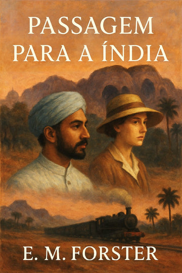 Book cover of 'Passagem para a Índia' with two men and a train in an Indian landscape.
