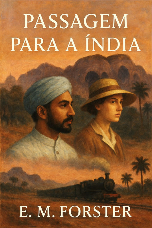 Book cover of 'Passagem para a Índia' with two men and a train in an Indian landscape.