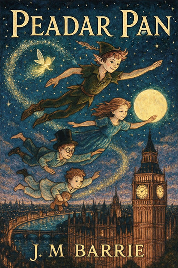 Book cover of 'Peadar Pan' by J.M. Barrie featuring fairies and a clock tower.
