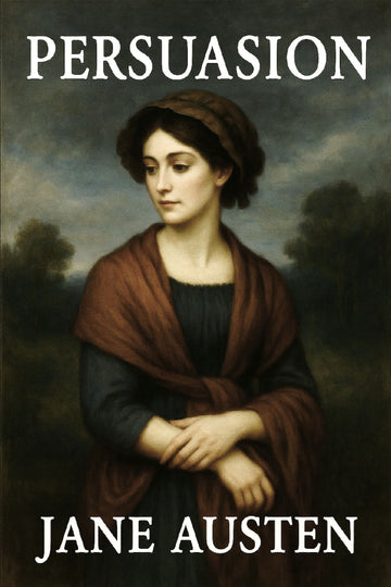 Book cover of 'Persuasion' by Jane Austen featuring a woman in a brown shawl against a cloudy sky.