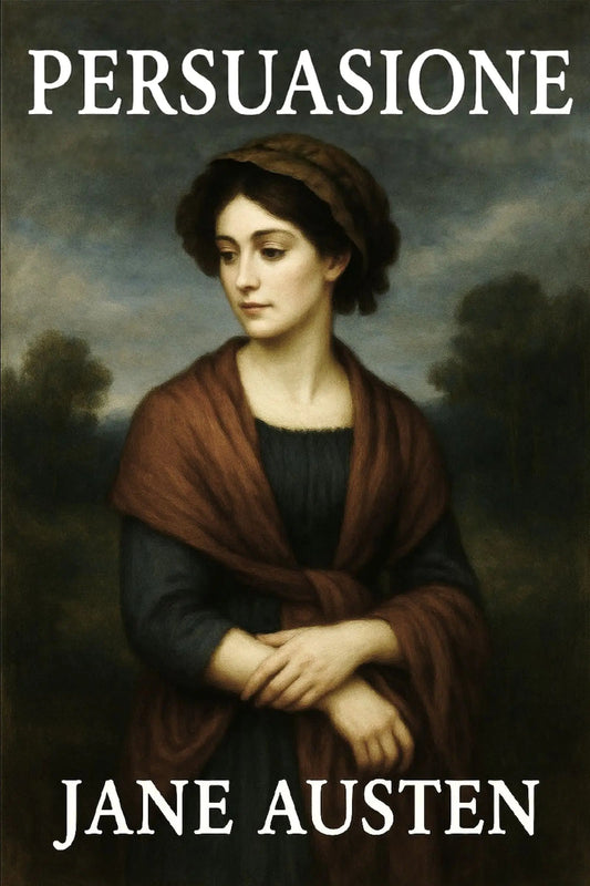 Book cover for 'Persuasione' by Jane Austen, featuring a classical portrait painting of a woman in a brown shawl and dark dress against a moody landscape, with the title and author name in large white serif text.