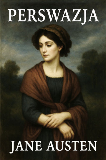 Book cover of 'Perswazja' by Jane Austen with a portrait of a woman in a brown shawl against a cloudy sky.
