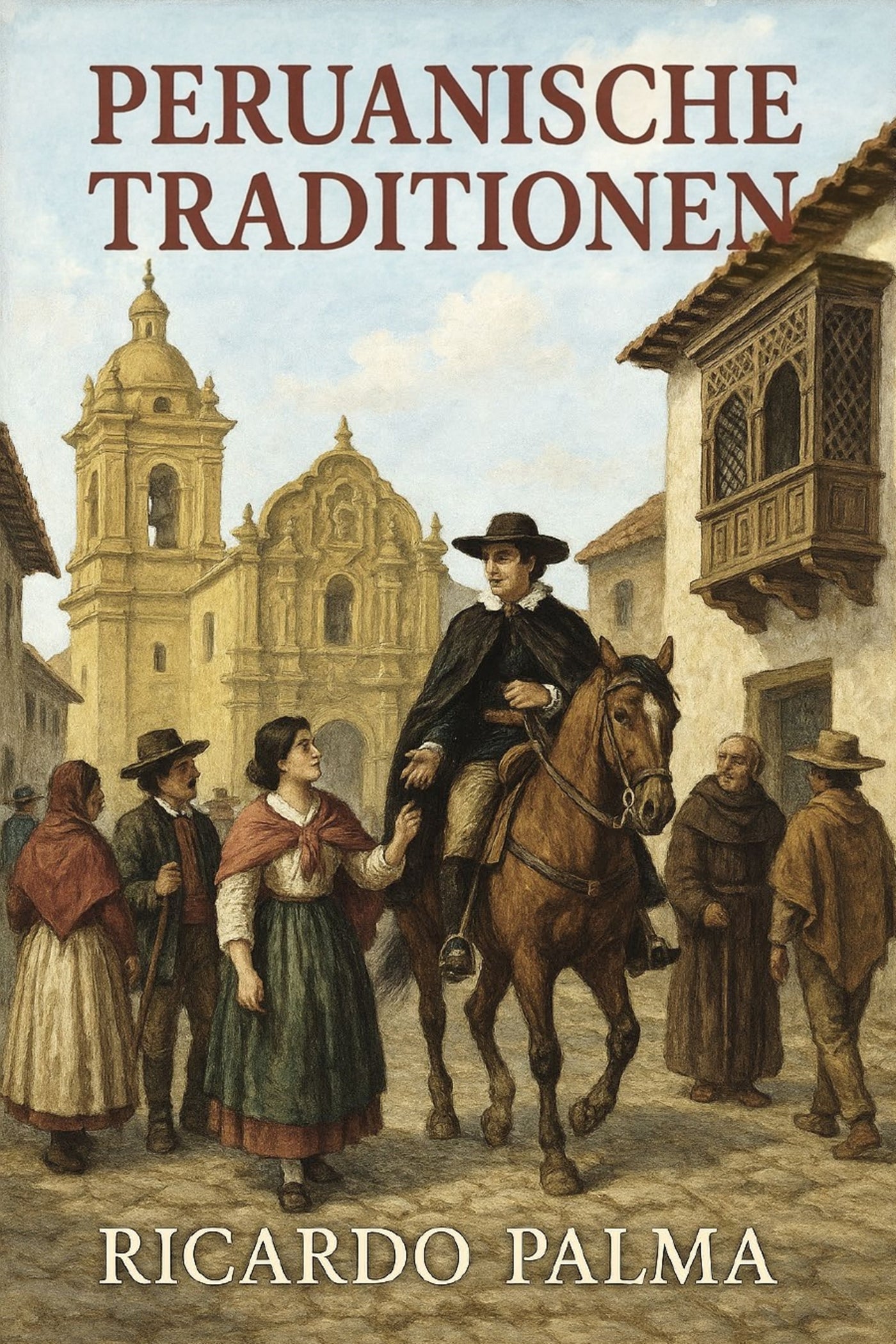 Book cover of 'Peruanische Traditionen' by Ricardo Palma with a scene of a man on horseback and people in traditional Peruvian clothing.