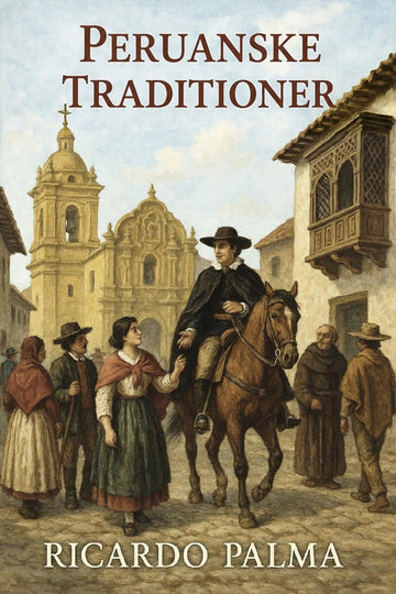 Book cover for 'Peruanske traditioner' by Ricardo Palma, featuring an illustration of a historical street scene with a man on horseback and people in traditional Peruvian clothing.