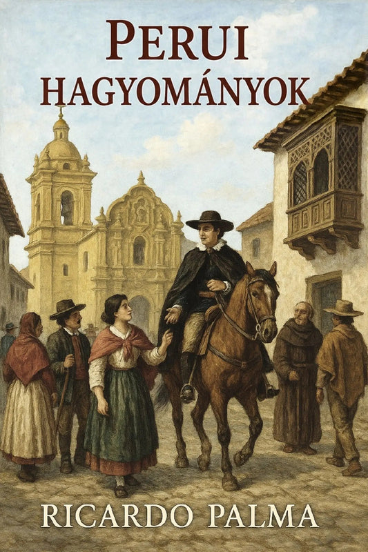 Book cover for 'Perui hagyományok' by Ricardo Palma, featuring an illustration of a historical Peruvian street scene with a man on horseback and onlookers in front of a church.