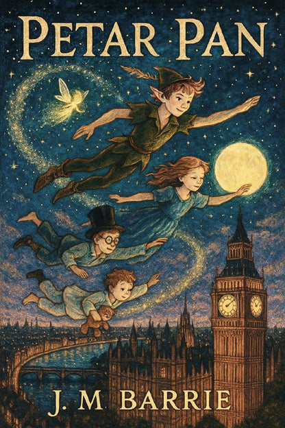 Book cover of 'Petar Pan' by J.M. Barrie with characters flying over a cityscape.
