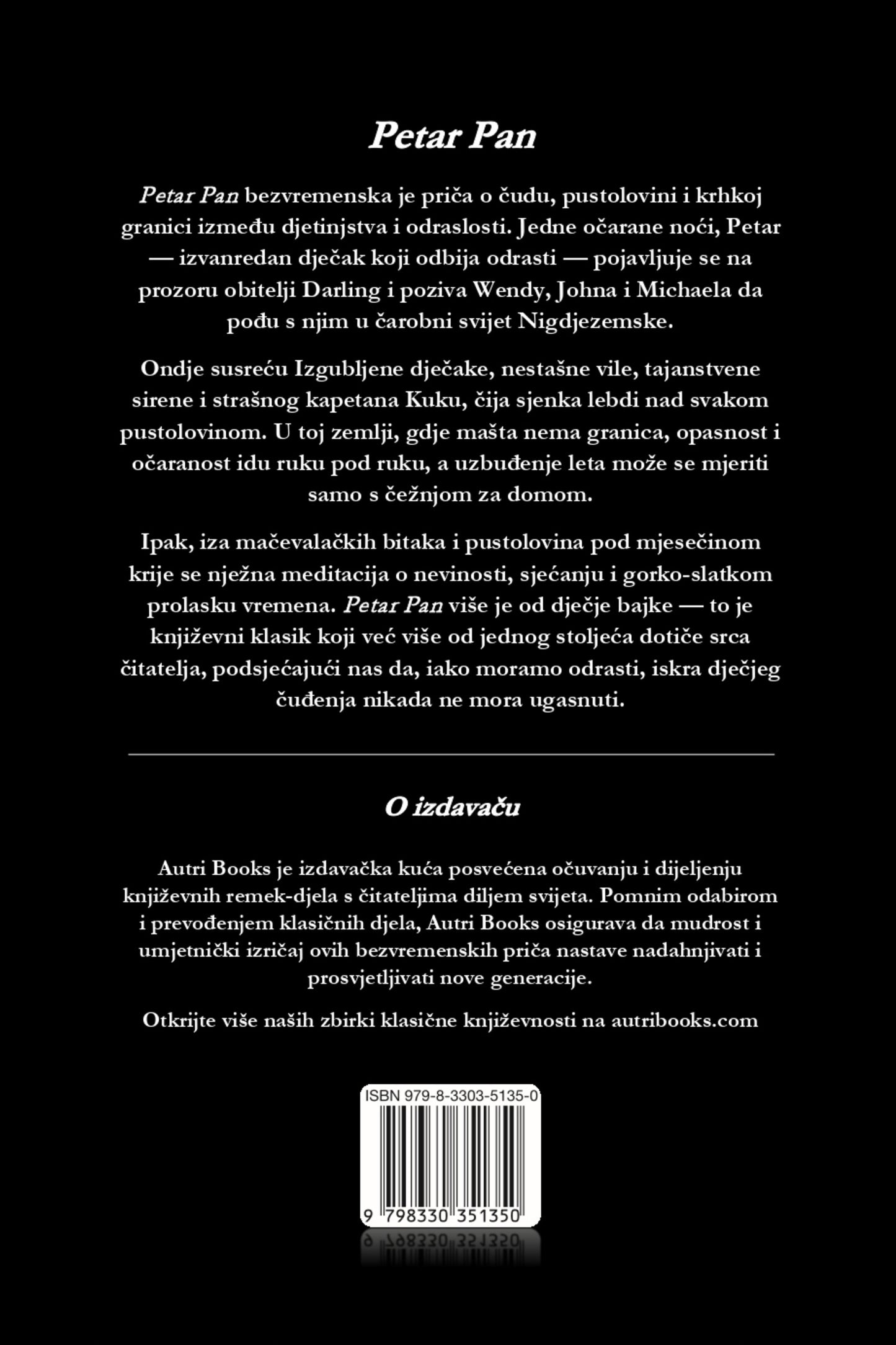 Back cover of a book titled 'Petar Pan' with text and a barcode.