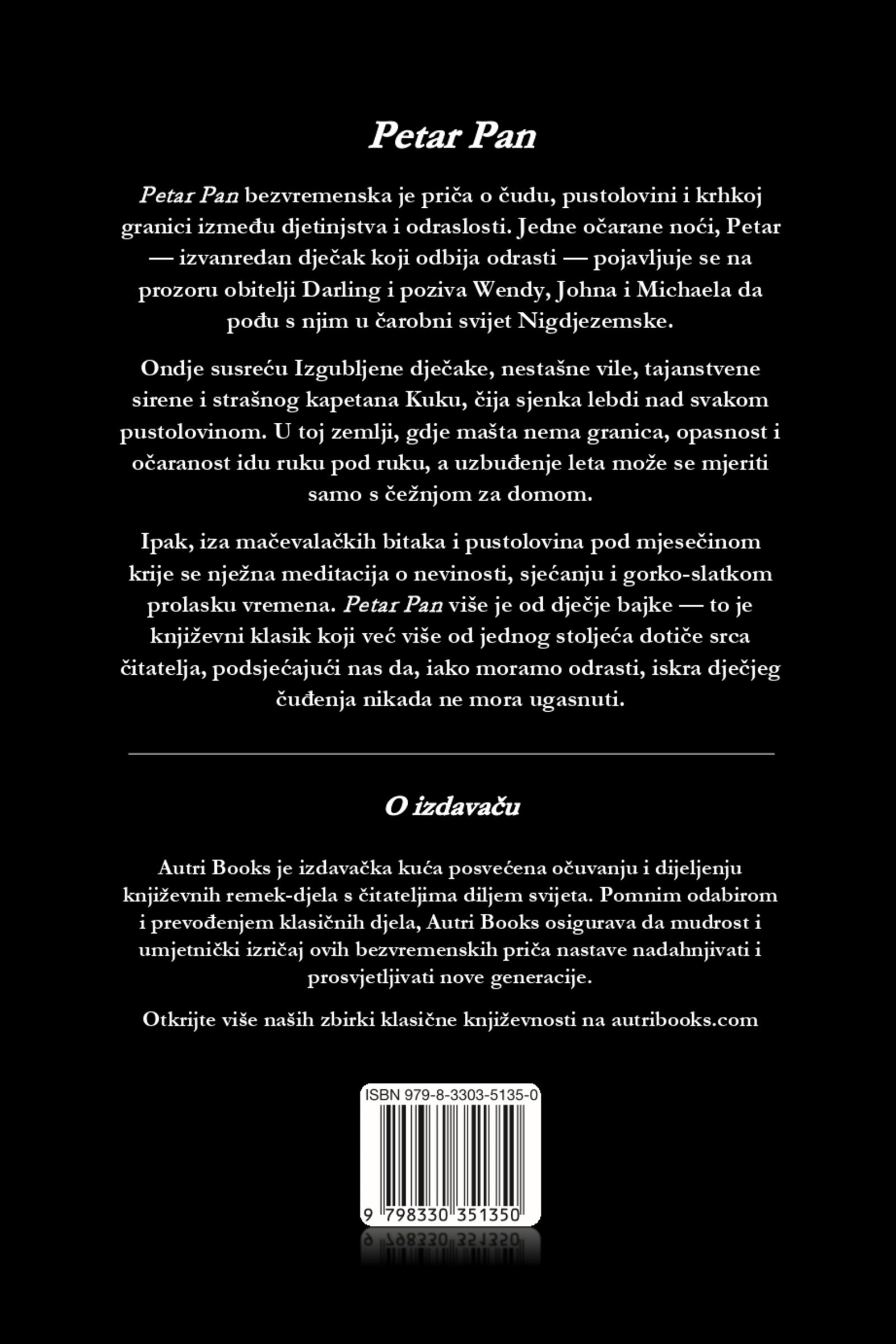 Back cover of a book titled 'Petar Pan' with text and a barcode.