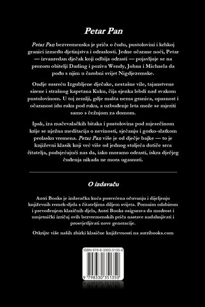 Back cover of a book titled 'Petar Pan' with text and a barcode.