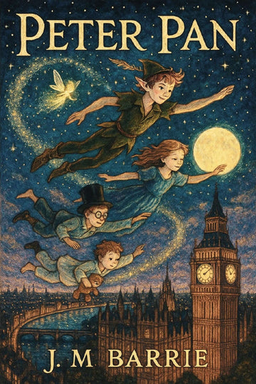 Book cover of 'Peter Pan' with characters flying over a cityscape, including Big Ben.