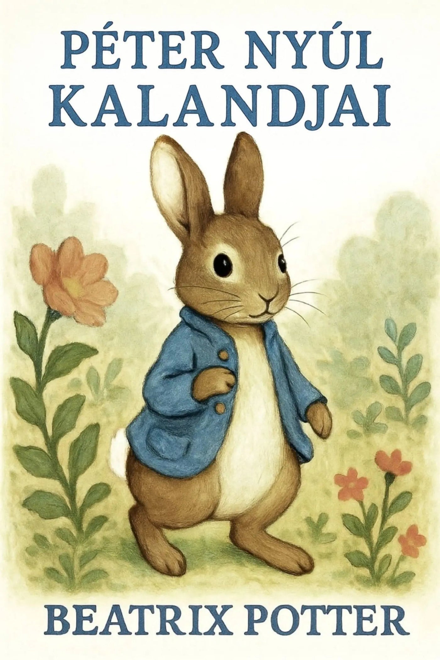 Book cover for 'Péter nyúl kalandjai' by Beatrix Potter, featuring a brown rabbit in a blue jacket standing among green plants and small flowers on a cream background.