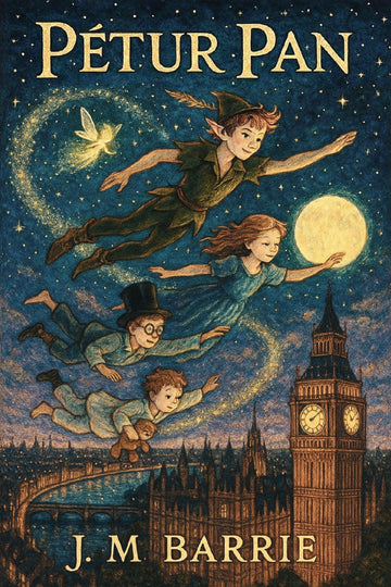 Book cover of 'Pétur Pan by J.M. Barrie with characters flying over a cityscape.