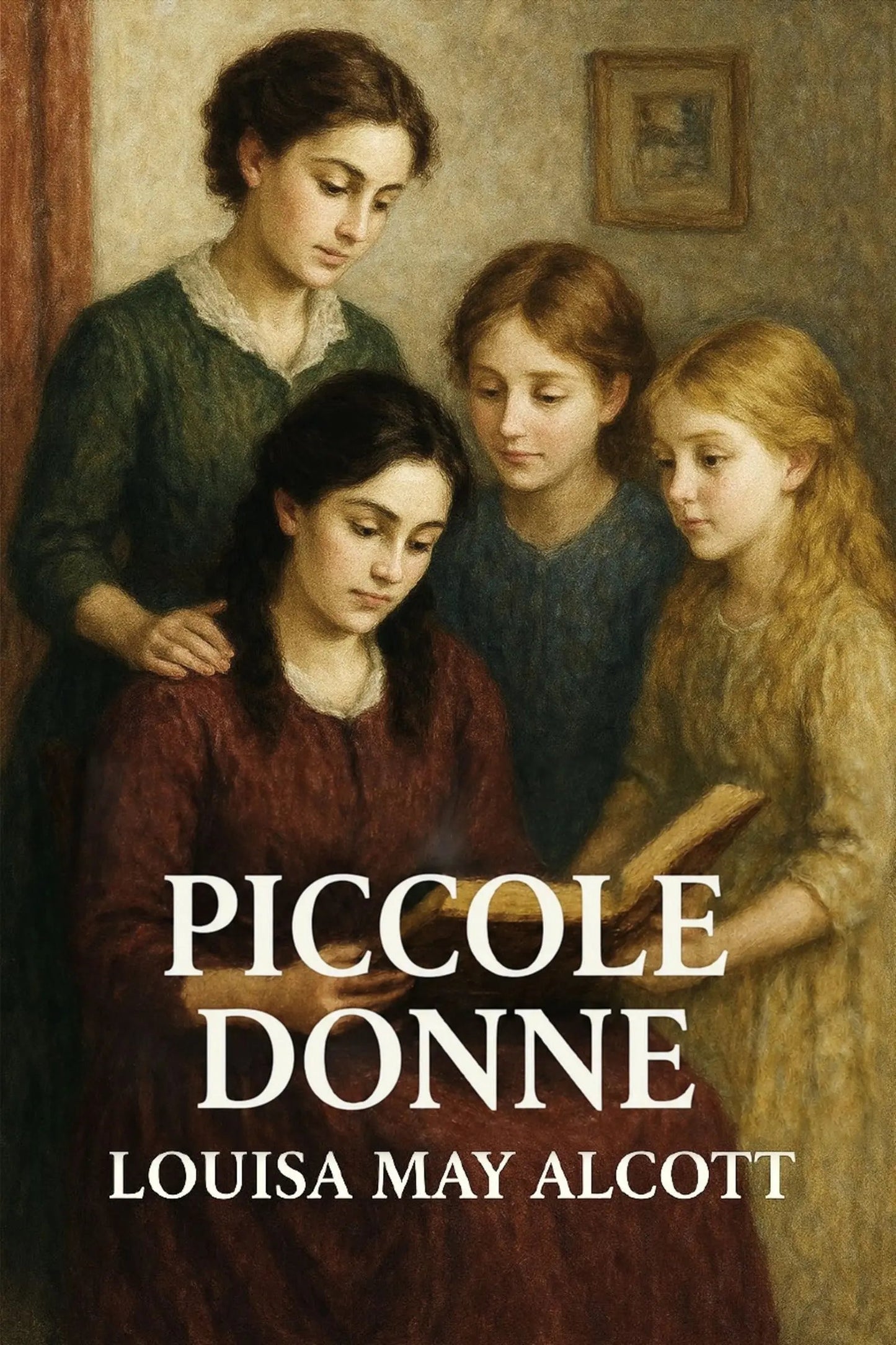 Book cover for 'Piccole donne' by Louisa May Alcott, featuring a classical painting of four young women gathered indoors, with the title and author name in large white text at the bottom.