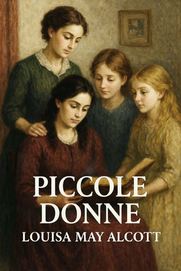 Book cover for 'Piccole donne' by Louisa May Alcott, featuring a classical painting of four young women gathered indoors, with the title and author name in large white text at the bottom.
