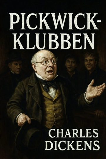 Book cover of 'Pickwick-klubben' by Charles Dickens with a central figure and text.