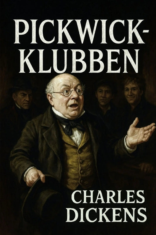 Book cover of 'Pickwick-klubben' by Charles Dickens with a central figure and text.