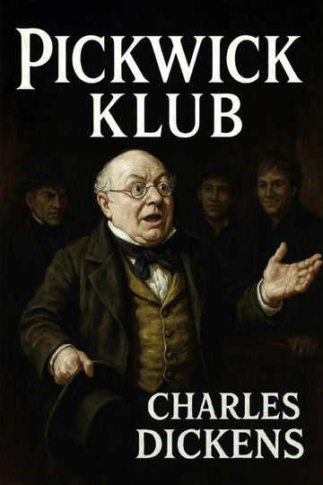 Book cover for 'Pickwick Klub' by Charles Dickens, featuring a classical painting of Charles Dickens in a brown coat and vest gesturing, with other figures in the background and bold white title and author text.