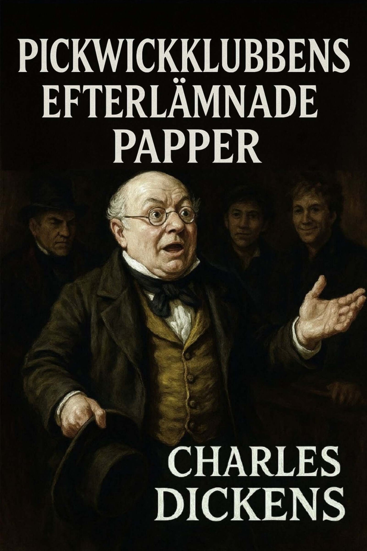 Book cover of 'Pickwickklubbens efterlämnade papper' by Charles Dickens with a man in a suit and glasses.