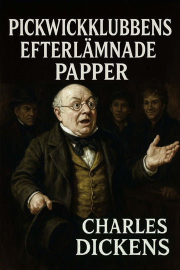 Book cover of 'Pickwickklubbens efterlämnade papper' by Charles Dickens with a man in a suit and glasses.
