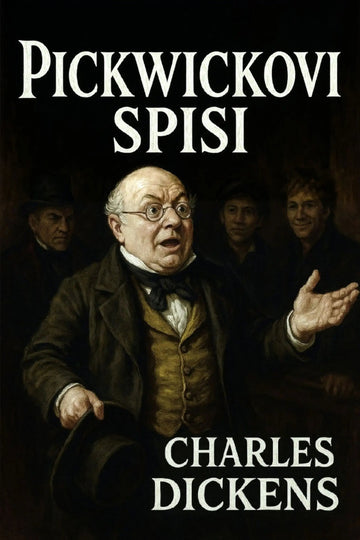 Book cover for 'Pickwickovi spisi' by Charles Dickens, featuring a dark classical painting of Charles Dickens in a brown coat and vest, with white title and author text on a black background.