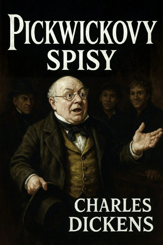 Book cover for 'Pickwickovy spisy' by Charles Dickens, featuring a classical painting of Charles Dickens in a dark coat and vest gesturing, with the title and author name in white text on a dark background.