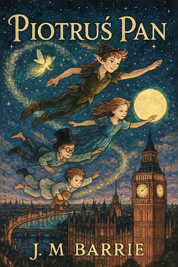 Book cover of 'Piotruś Pan' by J.M. Barrie with characters flying over a cityscape.
