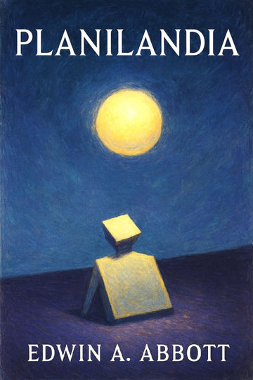 Book cover of 'Planilandia' by Edwin A. Abbott with a stylized illustration of a pyramid and moon.
