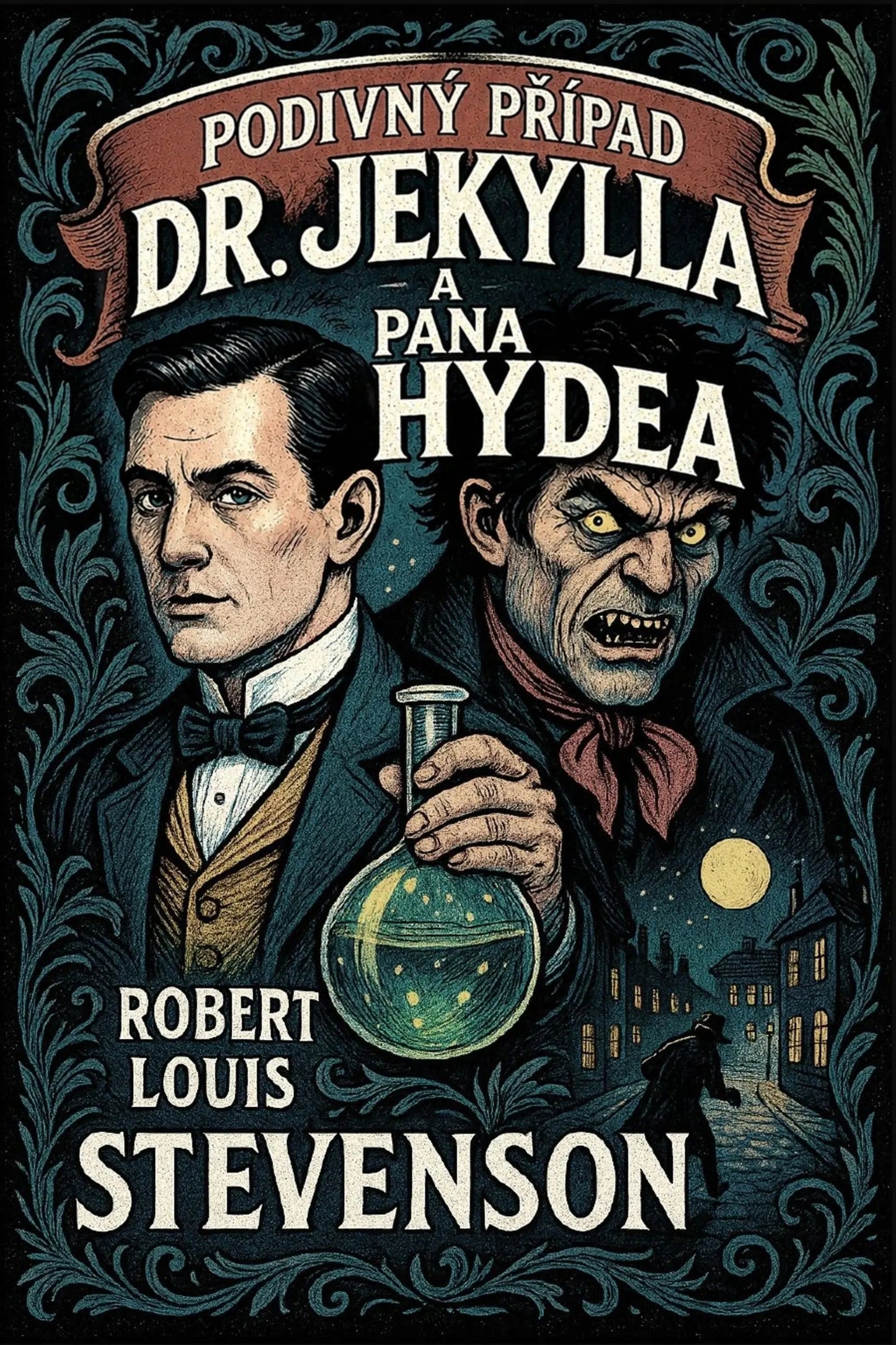 Book cover for 'Podivný případ Dr. Jekylla a pana Hydea' by Robert Louis Stevenson, featuring illustrated portraits of Dr.