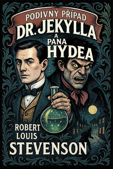 Book cover for 'Podivný případ Dr. Jekylla a pana Hydea' by Robert Louis Stevenson, featuring illustrated portraits of Dr.