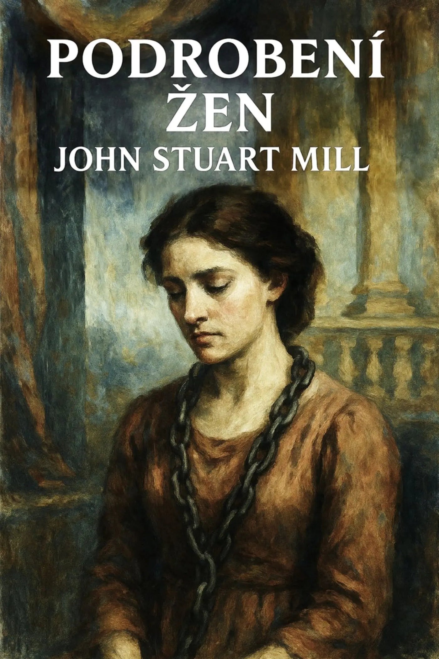 Book cover for 'Podrobení žen' by John Stuart Mill, featuring a classical painting of a woman in a brown dress with a chain around her neck, with the title in white text at the top.