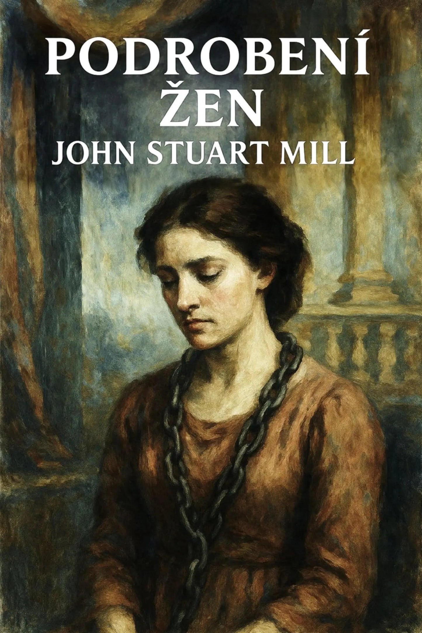 Book cover for 'Podrobení žen' by John Stuart Mill, featuring a classical painting of a woman in a brown dress with a chain around her neck, with the title in white text at the top.