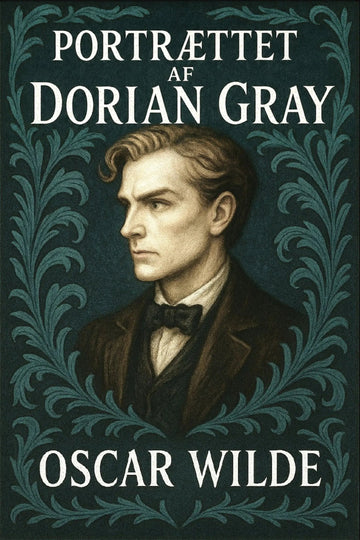 Book cover for 'Portrættet af Dorian Gray' by Oscar Wilde, featuring a portrait of Dorian Gray in profile against a dark teal background with ornate decorative foliage and white title text.