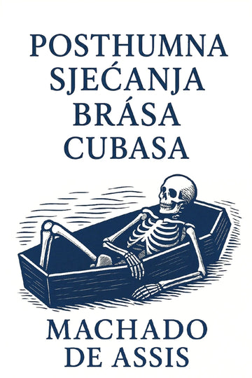 A book cover featuring the title 'Posthumna sjećanja Brása Cubasa' in large dark blue serif text above an illustration of a skeleton reclining in a coffin.